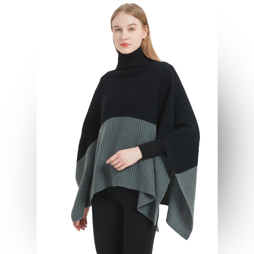 SAVE THE OCEAN SUSTAINABLE COLOR BLOCK PULLOVER TURTLENECK PONCHO In black/grey
